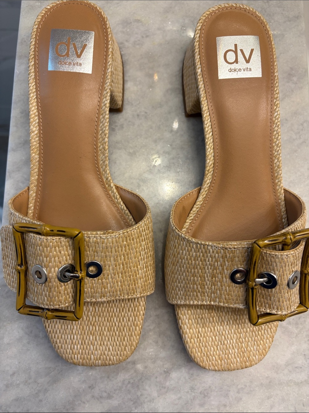 Dolce Vita Natural Raffia Buckle Slide Mules